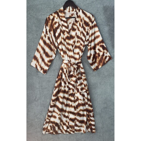 Natori Robe Womens Small Brown Animal Print Silky Satin Short Kimono Robe - Picture 1 of 11
